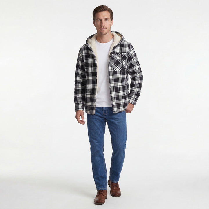 Veste homme à capuche motif carreaux, parfaite pour un look décontracté et une chaleur optimale en hiver.