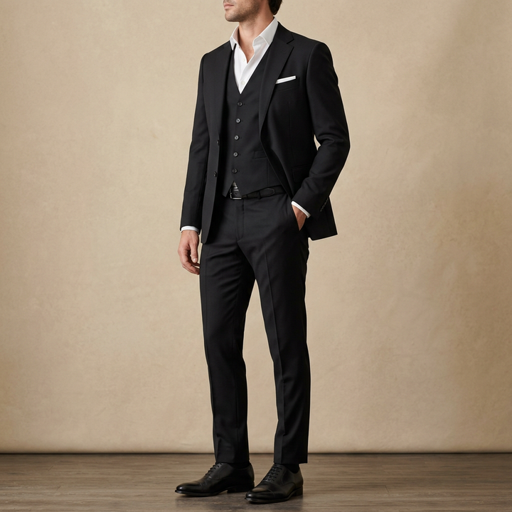 Costume homme 3 pièces ajusté pour mariage et cérémonie. Veston, gilet et pantalon élégants.