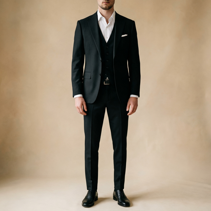 Élégant costume homme 3 pièces noir ajusté. Idéal pour mariage ou événement formel et chic.