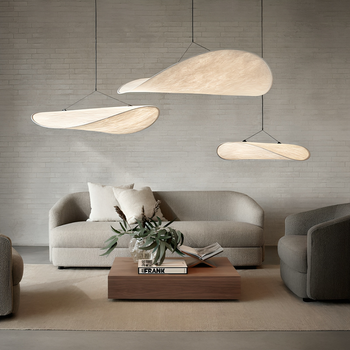 Suspension LED minimaliste DuPont, design Scandi-Japonais. Lampe de plafond moderne pour salon avec lumière douce.