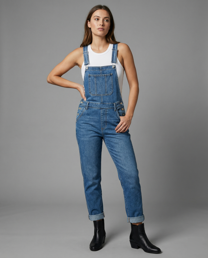 Salopette jean femme denim oversize, un vêtement confortable et stylé pour un look décontracté mode urbaine.