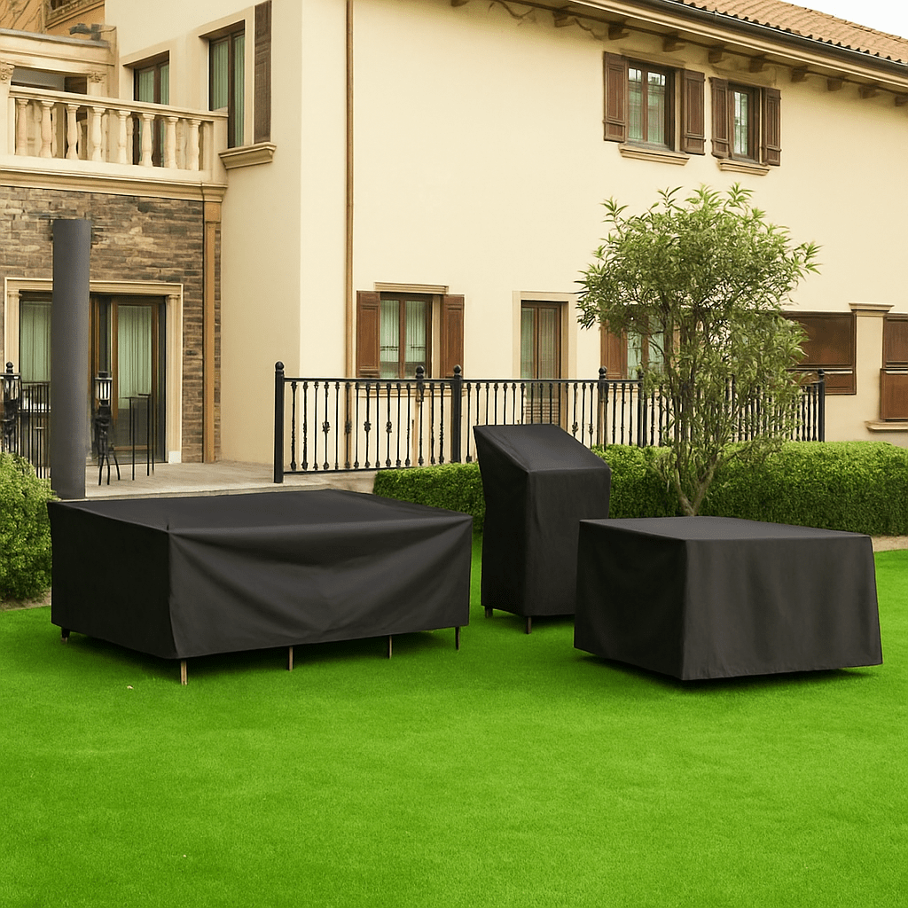 Housse d'hivernage imperméable pour salon de jardin, protège table et chaises contre pluie et neige.