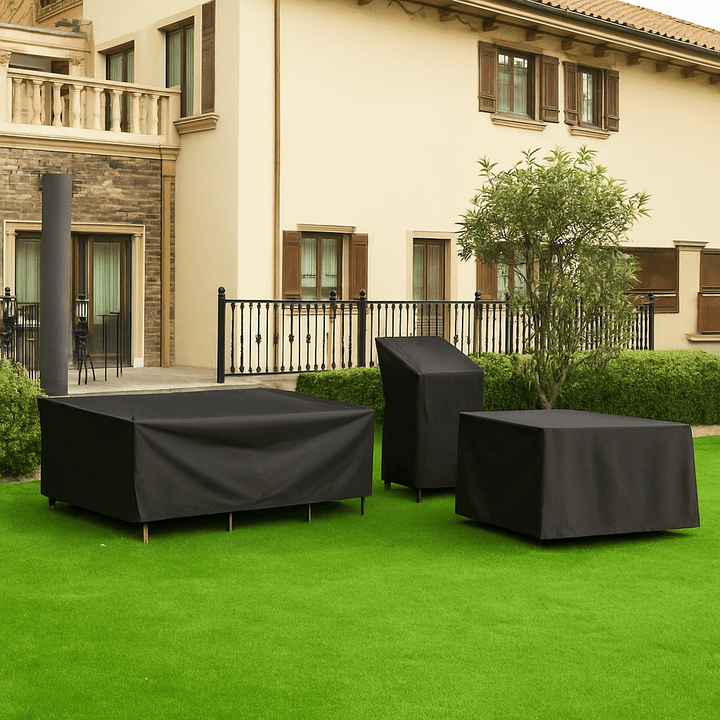 Housse d'hivernage imperméable pour salon de jardin, protège table et chaises contre pluie et neige.