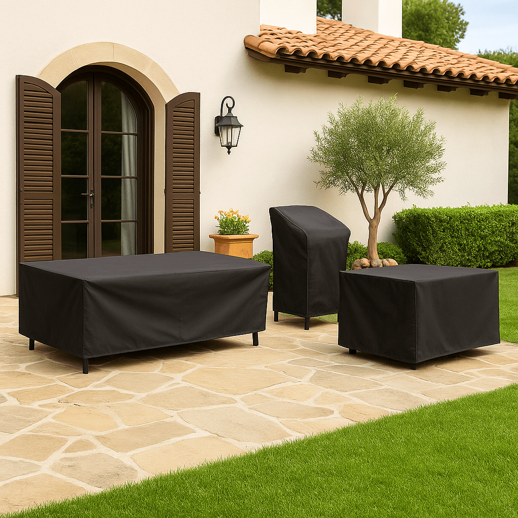 Couverture de protection étanche pour meubles de terrasse, table et chaises, parfaite pour l'hiver.
