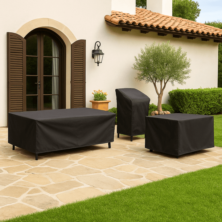 Couverture de protection étanche pour meubles de terrasse, table et chaises, parfaite pour l'hiver.