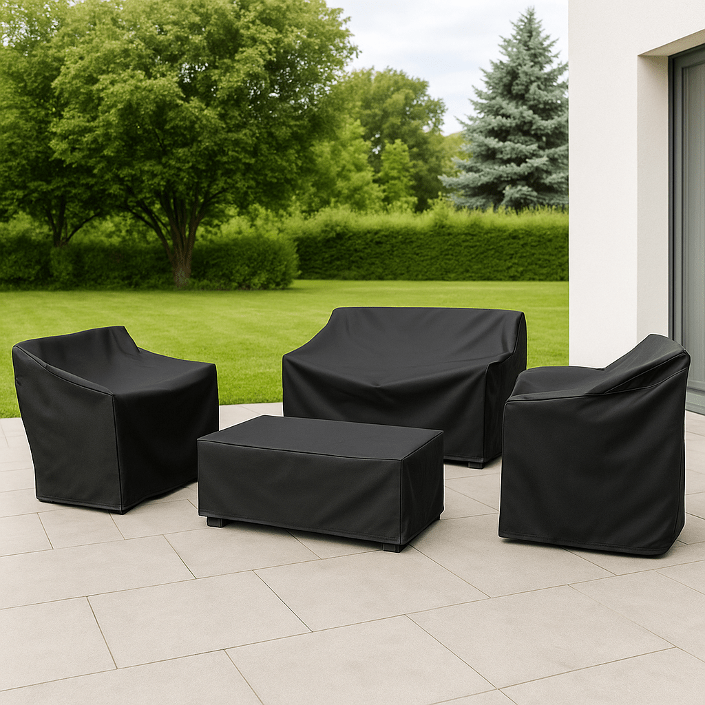 Housse de protection étanche pour ensemble table et chaises de jardin, résiste aux intempéries.