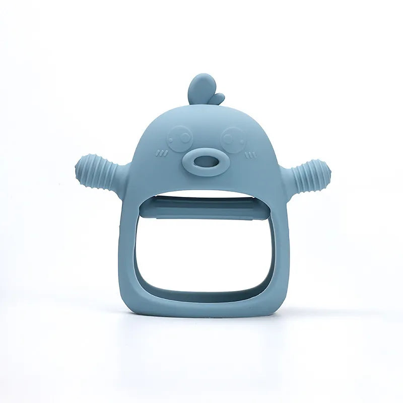 Gant de dentition en silicone souple avec textures variées pour masser les gencives du bébé et calmer la douleur.