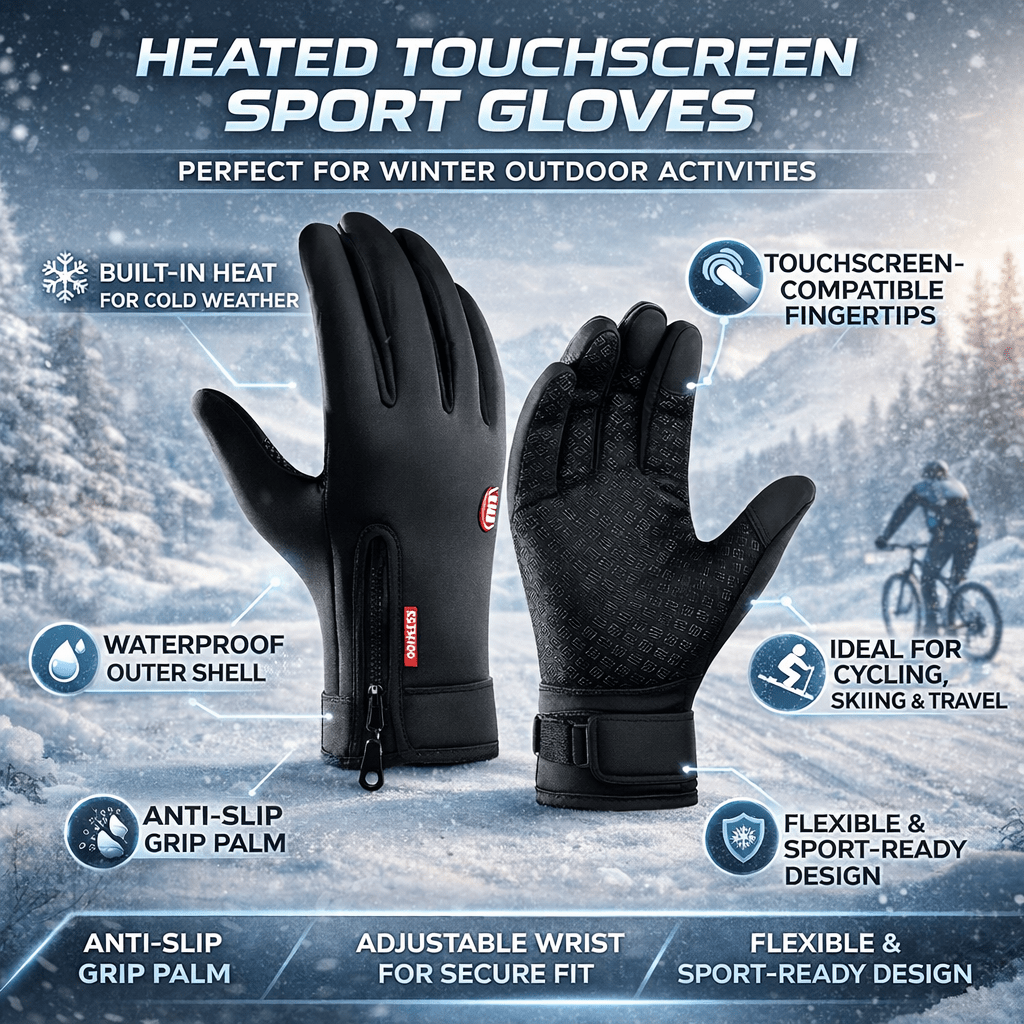 Gants chauffants noirs confortables, offrant une chaleur optimale pour le vélo, le ski et toutes activités hivernales.