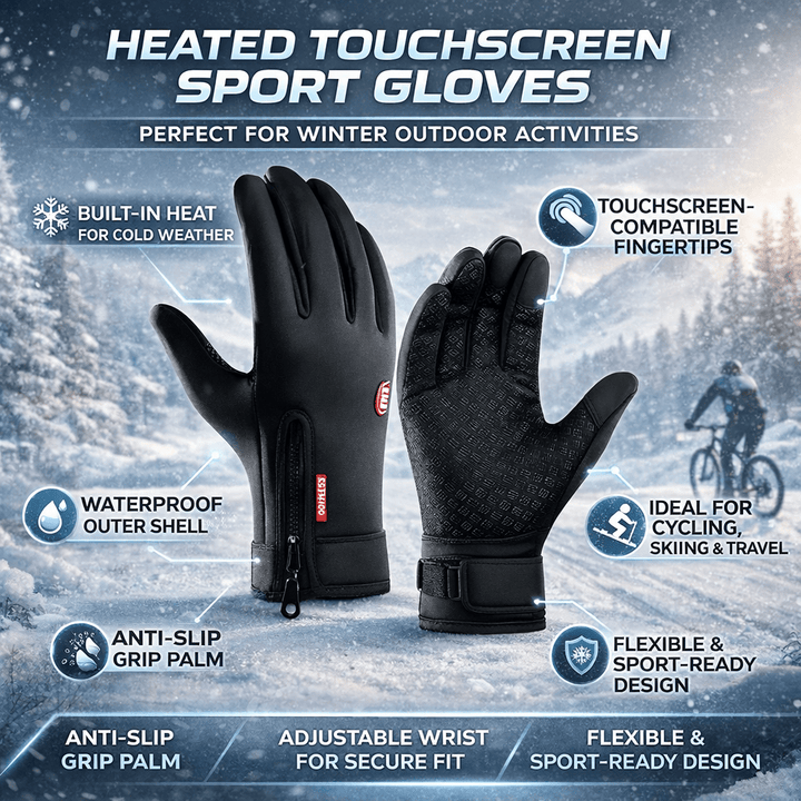 Gants chauffants noirs confortables, offrant une chaleur optimale pour le vélo, le ski et toutes activités hivernales.