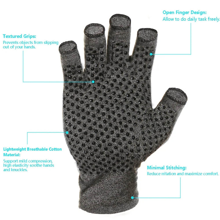 Mains portant des gants de compression confortables pour l'arthrite, réduisant la douleur et améliorant le bien-être.