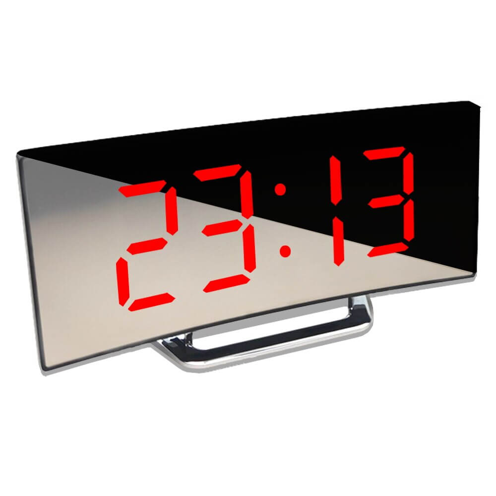 Horloge numérique LED incurvée avec mode nuit et fonction snooze, parfaite pour le bureau.