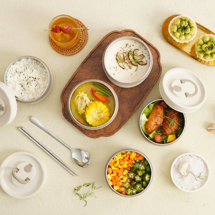 Conteneur repas multicouche isotherme en acier inoxydable, idéal pour garder l'alimentation chaude/fraîche.