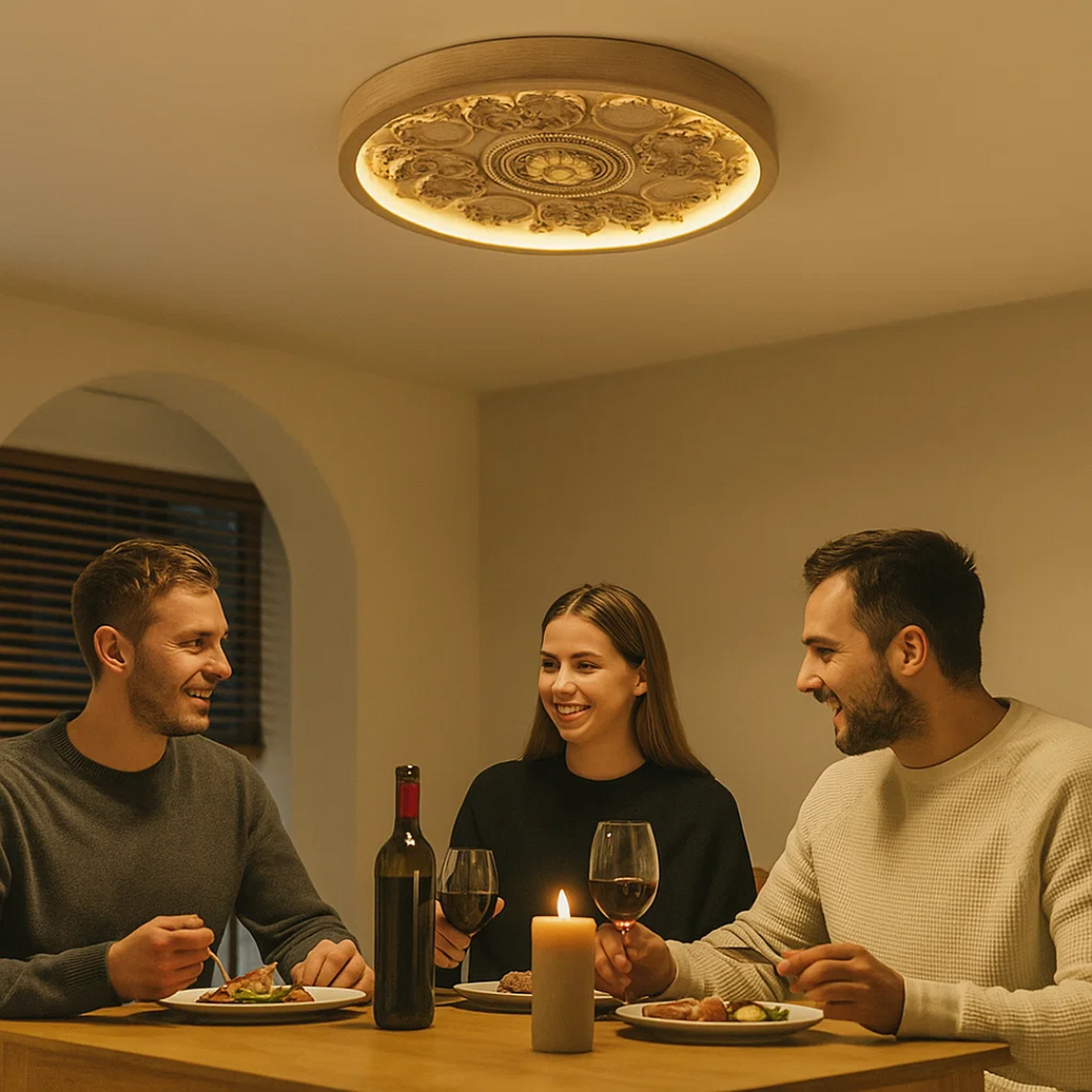 Plafonnier LED GlowMira, design minimaliste et résine moderne, idéal pour un salon.