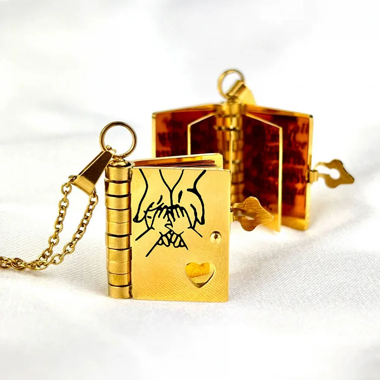 Pendentif livre ouvert en or, bijou sentimental pour femme, cadeau d'amour unique et durable.