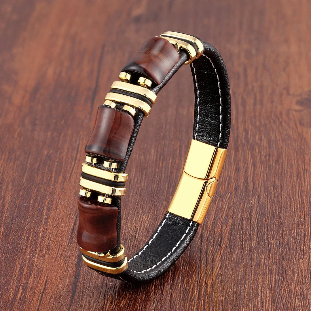 Bracelet unisexe en cuir tressé marron et perles œil-de-tigre naturelles. Bijou robuste pour homme et femme.