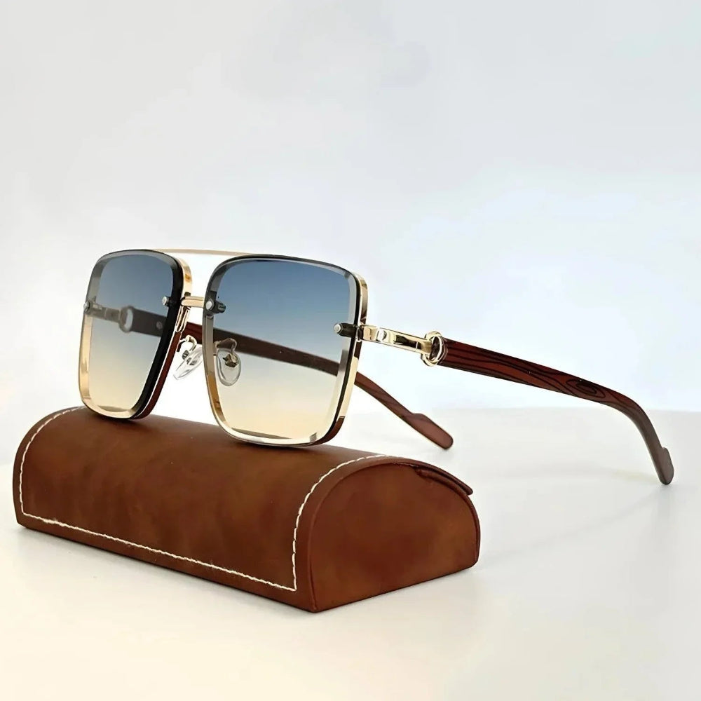 Gros plan monture bois naturel des lunettes de soleil vintage carrées, élégance unisexe et durable.
