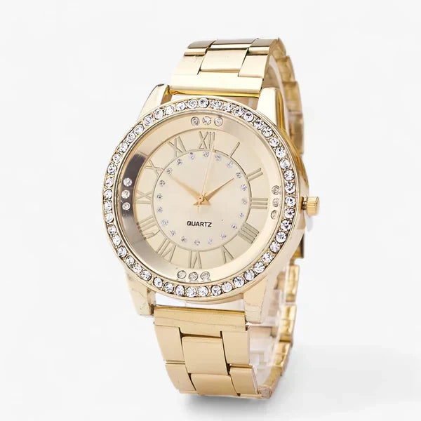 Montre femme élégante avec cadran diamant scintillant, bracelet en acier doré. Bijou mode luxe.