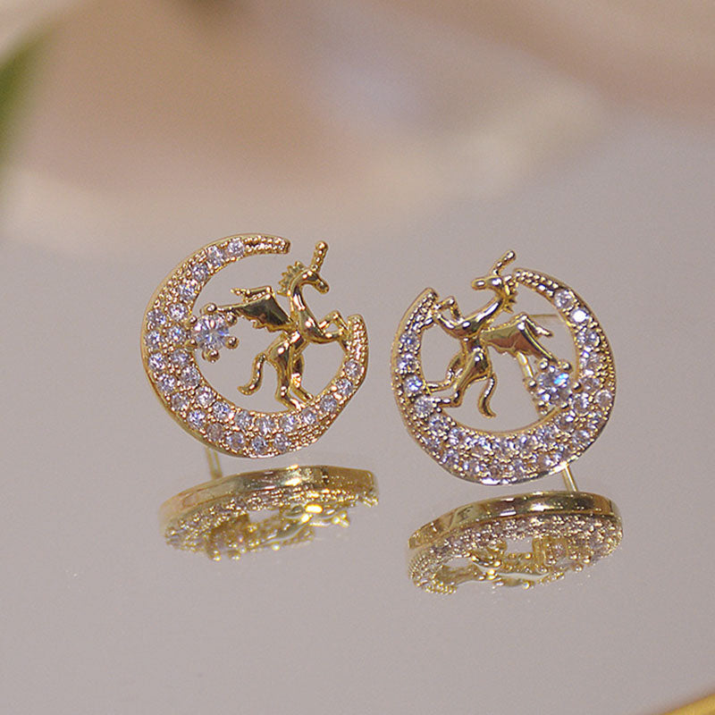 Paire de boucles d'oreilles licorne pour femmes, bijoux fantaisie en acier inoxydable, zirconium, design mignon.