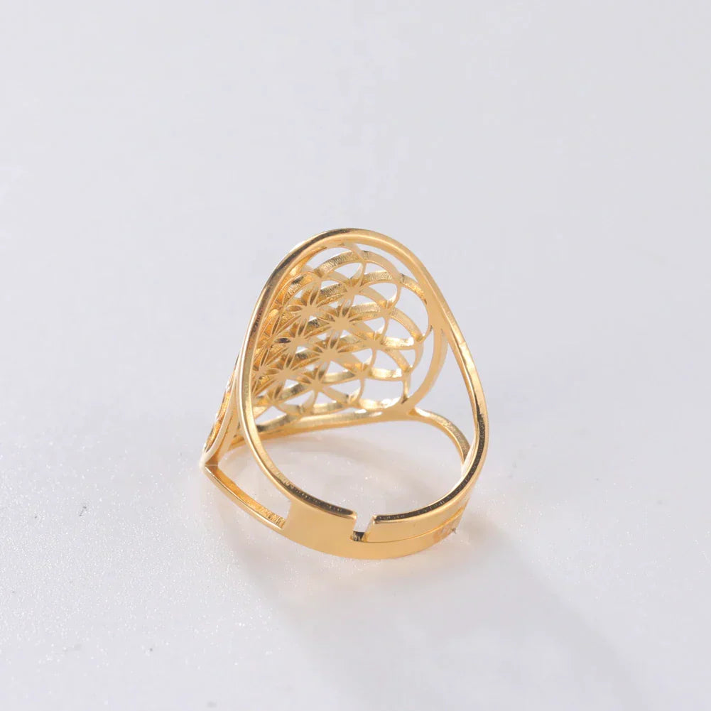 Bague Fleur de Vie ajustable, un bijou spirituel unisexe pour l'harmonie et l'équilibre. Idée cadeau unique.