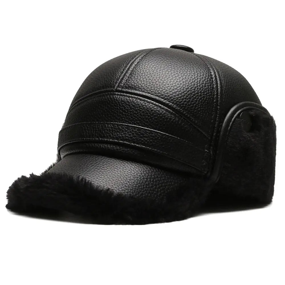 Casquette homme d'hiver en simili-cuir, avec rabats d'oreilles chauds doublés polaire.