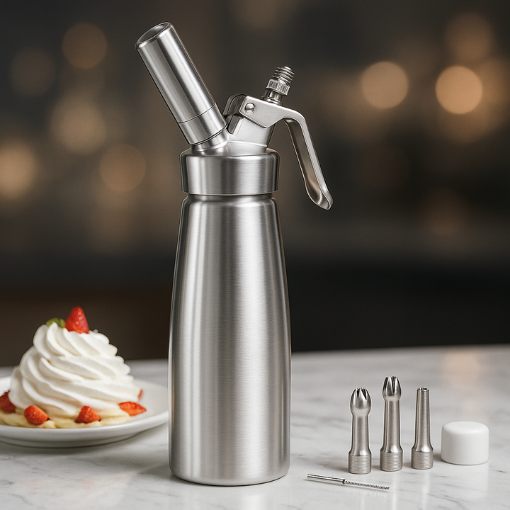 Siphon à crème professionnel en aluminium 500ml pour chantilly, mousses et sauces légères.