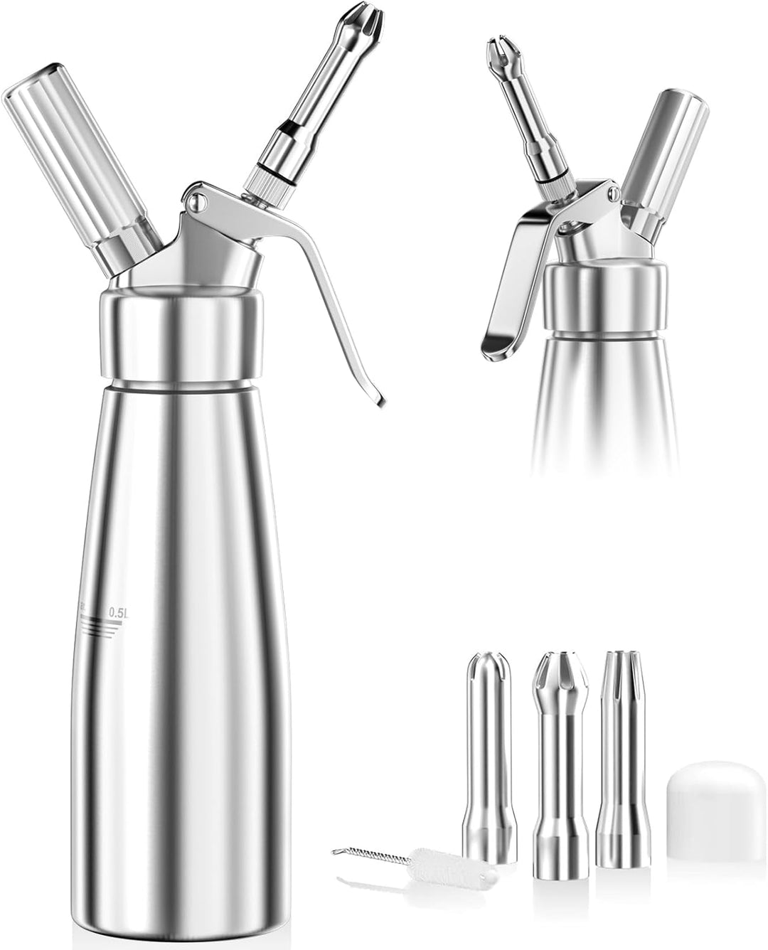 Siphon de cuisine professionnel 500ml en aluminium, parfait pour crème fouettée, mousses et sauces.