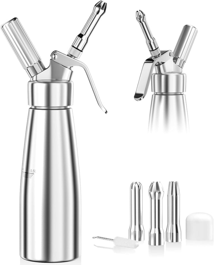 Siphon de cuisine professionnel 500ml en aluminium, parfait pour crème fouettée, mousses et sauces.