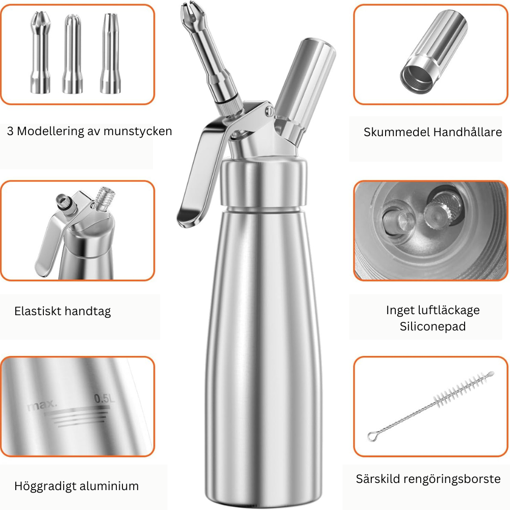 Créez des chantilly, mousses et sauces légères avec ce siphon professionnel en aluminium de 500ml.