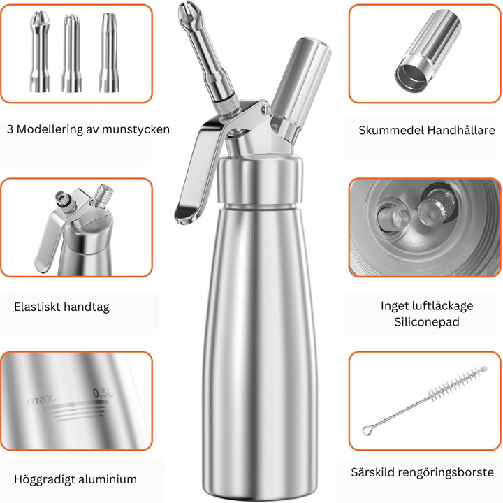 Créez des chantilly, mousses et sauces légères avec ce siphon professionnel en aluminium de 500ml.
