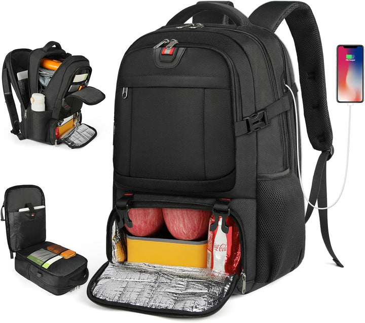 Sac à dos unisexe noir pour ordinateur portable avec port USB et compartiment isotherme, idéal travail, école, voyage.