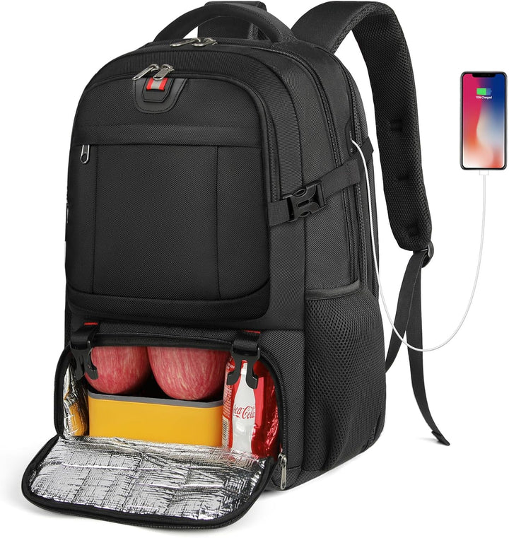 Sac à dos de voyage/quotidien noir unisexe. Emplacement ordi, compartiment isotherme et port USB intégré pour confort.