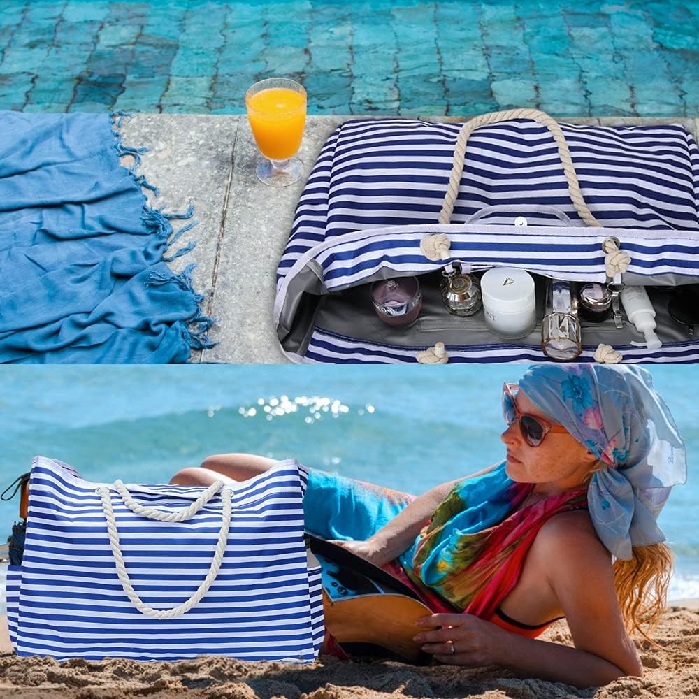 Sac de plage femme pratique, grand et imperméable, avec trousse pour organiser vos affaires de vacances.