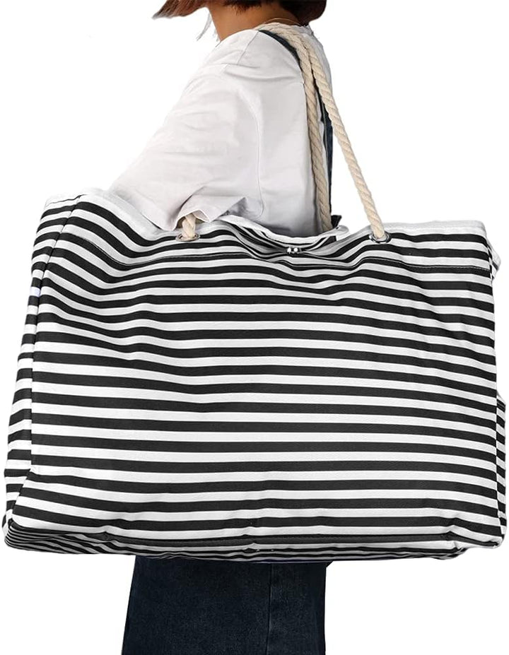 Élégant sac de plage imperméable pour femmes, motifs rayures, grand et pratique pour l'été.