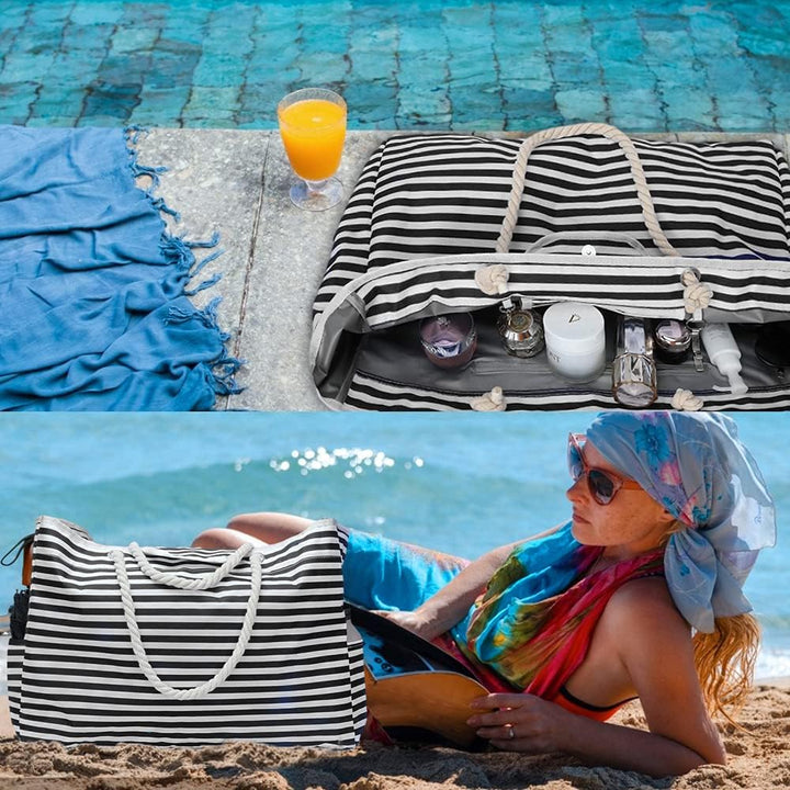 Grand sac de plage femme imperméable avec trousse voyage, essentiel pour un été élégant et organisé.