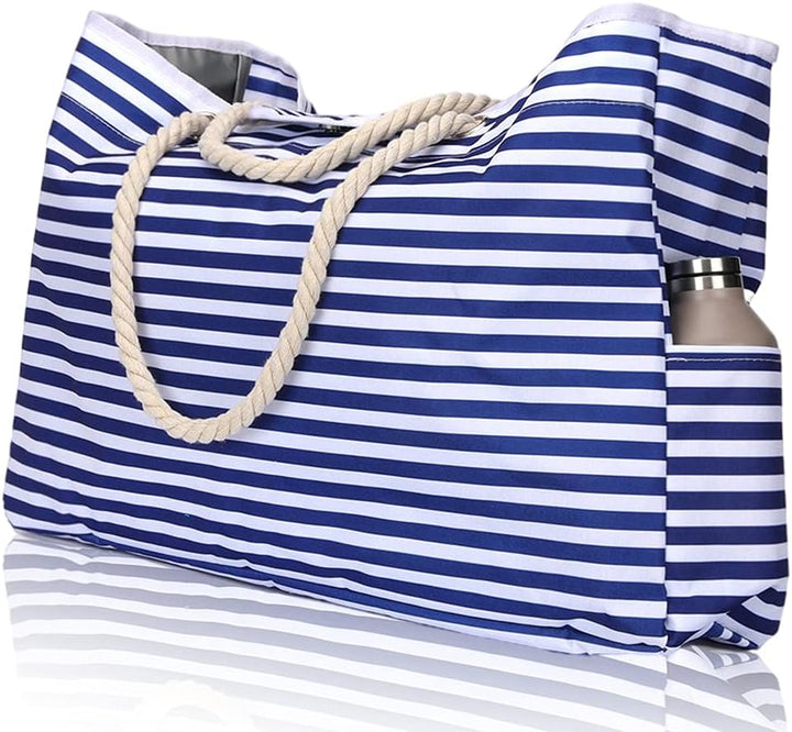 Accessoire de plage été : grand sac imperméable pour femmes, idéal vacances ou piscine, style rayé.