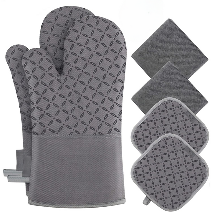 Set de 6 gants de cuisine et maniques en silicone antidérapant, protection chaleur pour four et cuisson.