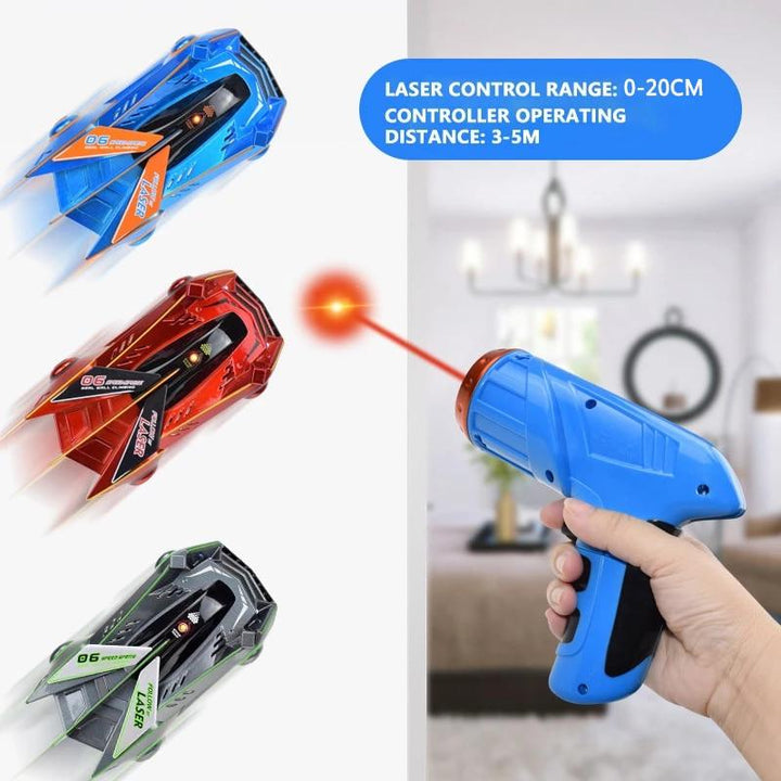 Gros plan sur le jouet voiture télécommandée laser anti-gravité, montrant les détails des LED et du laser.