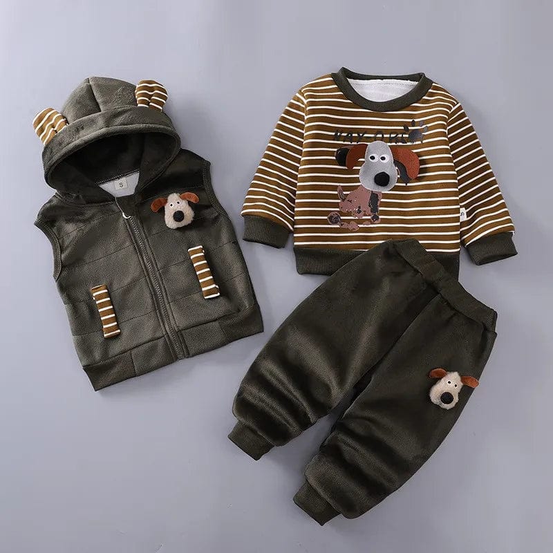 Ensemble complet 3 pièces bébé (haut, pantalon, bonnet) en coton de qualité.