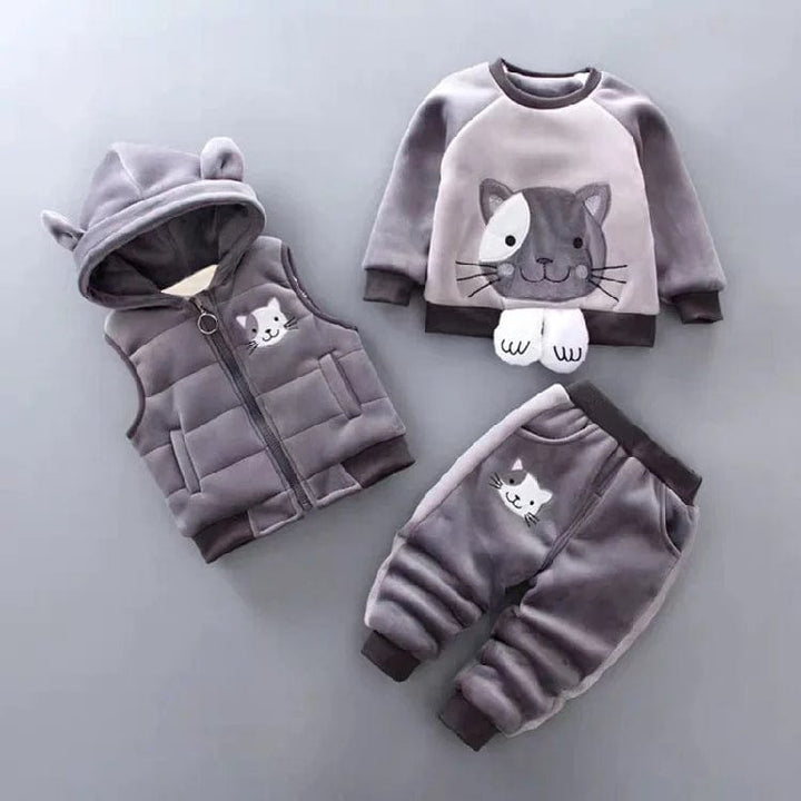 Tenue unisexe bébé 3 pièces en coton, motifs variés (ourson, chien, chat).