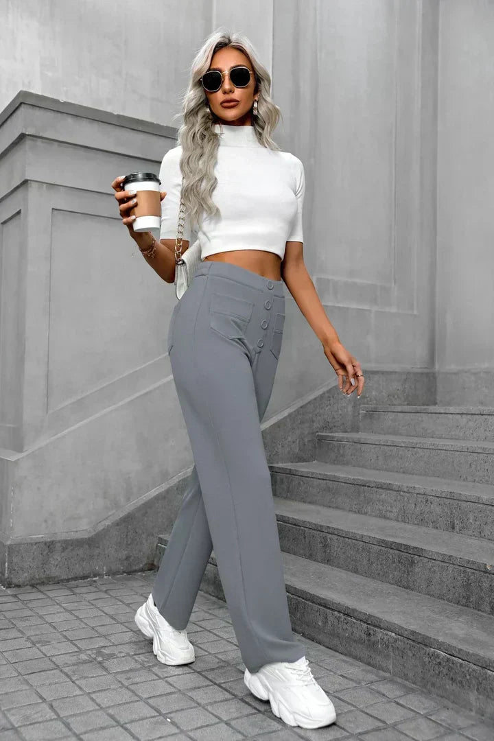 Pantalon femme taille haute extensible, coupe droite élégante, parfait pour le quotidien chic et confortable.