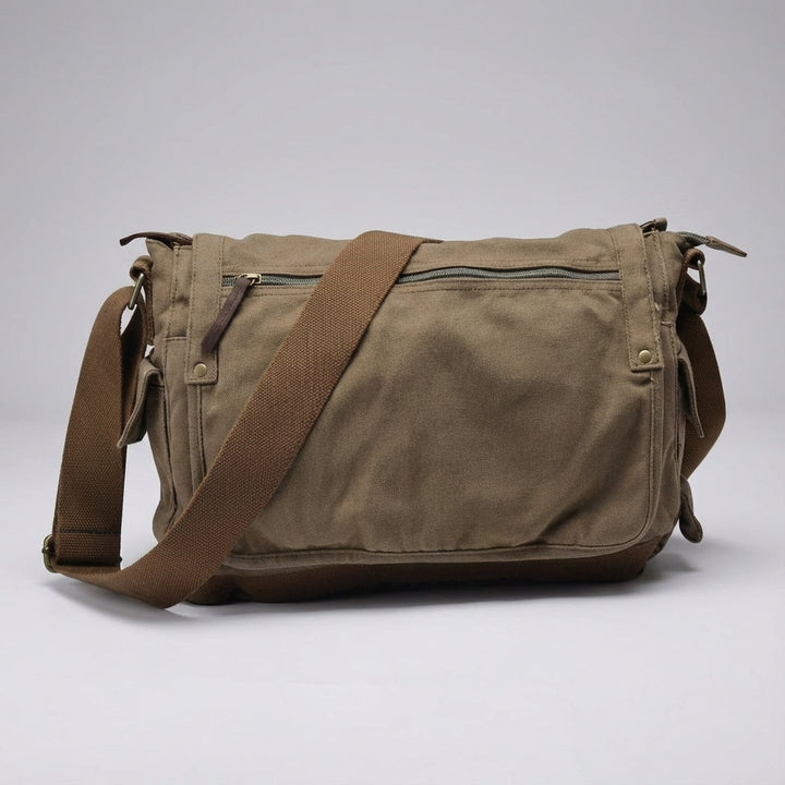 Sac messenger unisexe polyvalent style vintage, en toile beige, parfait pour le bureau, l'école ou les escapades.