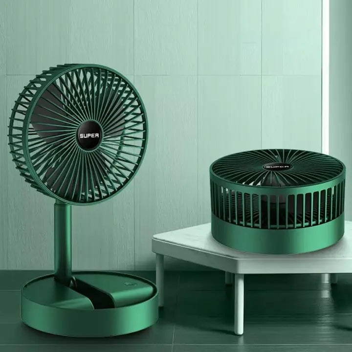 Vue latérale du ventilateur portable, soulignant sa base stable et son esthétique épurée.