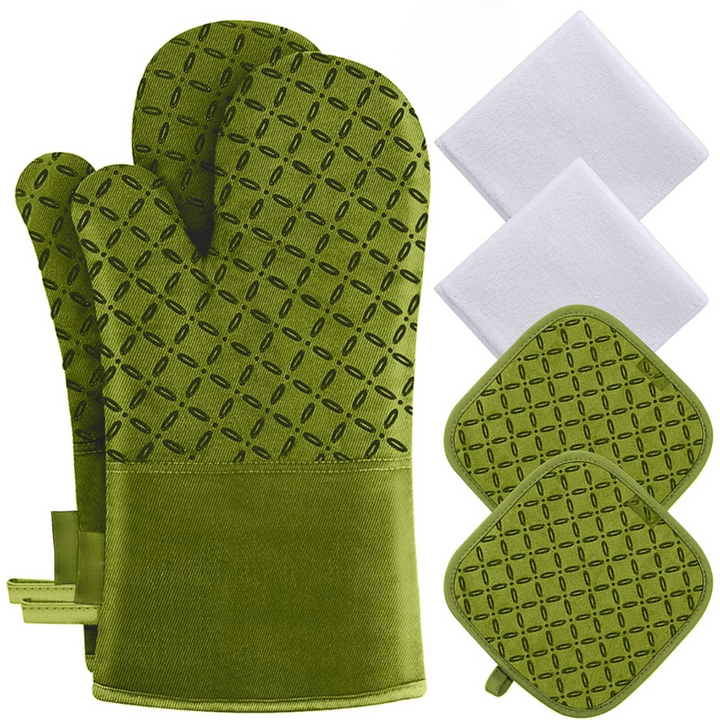 Set de cuisine multifonction : gants et maniques en silicone pour une prise sûre et protection four.