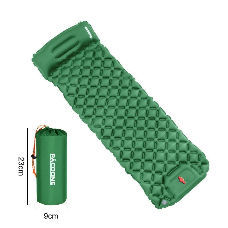 Matelas de camping portable ultra léger avec pompe intégrée, parfait pour la randonnée, le voyage et l'aventure.