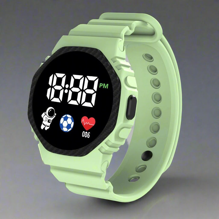 Montre enfant robuste, écran LED digital lumineux, étanche, résistante aux chocs pour jeux et sports des petits aventuriers.