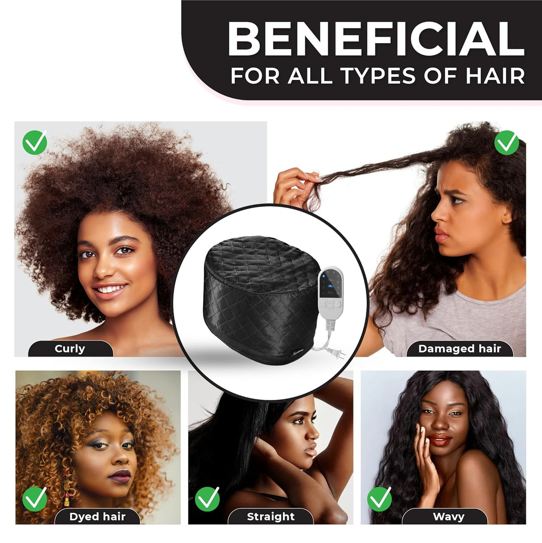 Bonnet chauffant pour activation des soins capillaires. Traitement thermique pour hydratation profonde des cheveux femme.
