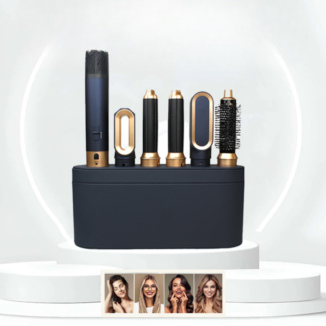 Styler capillaire unisexe 5-en-1 avec fonctions sèche-cheveux, lisseur, fer à boucler pour coiffure rapide et sans effort.