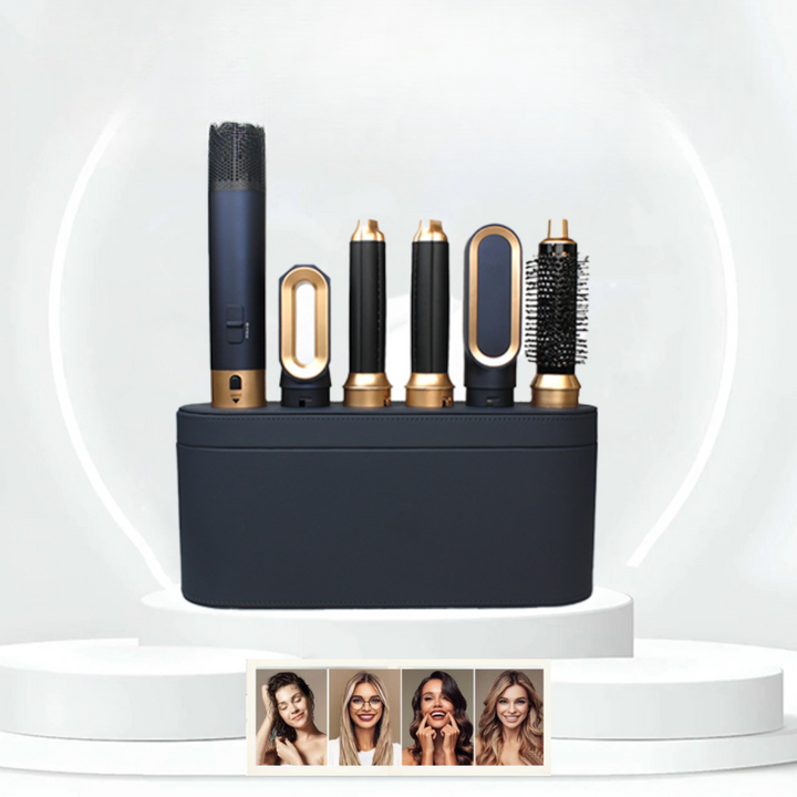 Styler capillaire unisexe 5-en-1 avec fonctions sèche-cheveux, lisseur, fer à boucler pour coiffure rapide et sans effort.
