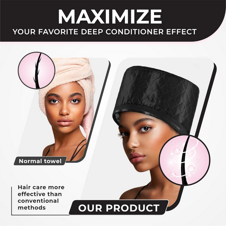 Bonnet chauffant capillaire pour hydratation et soins profonds des cheveux naturels. Accessoire beauté femme.