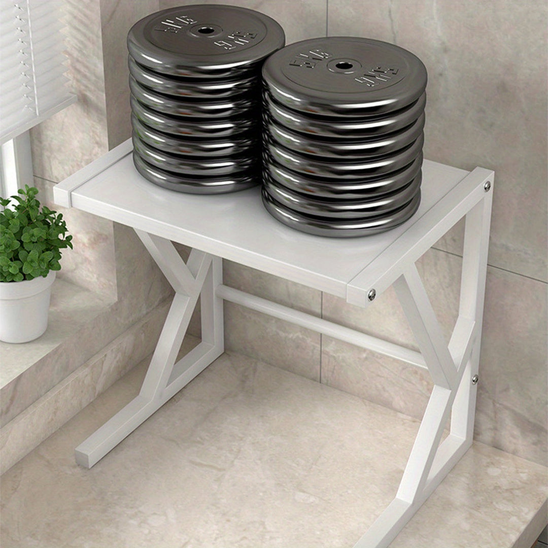 Étagère de cuisine double niveau en acier robuste vue de face, rangement pour micro-ondes, organisation moderne.